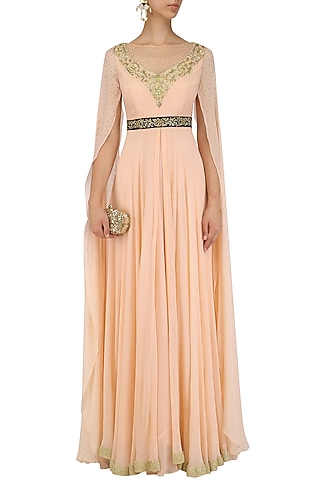 Peach Embroidered Cape Sleeves Gown by Megha & Jigar