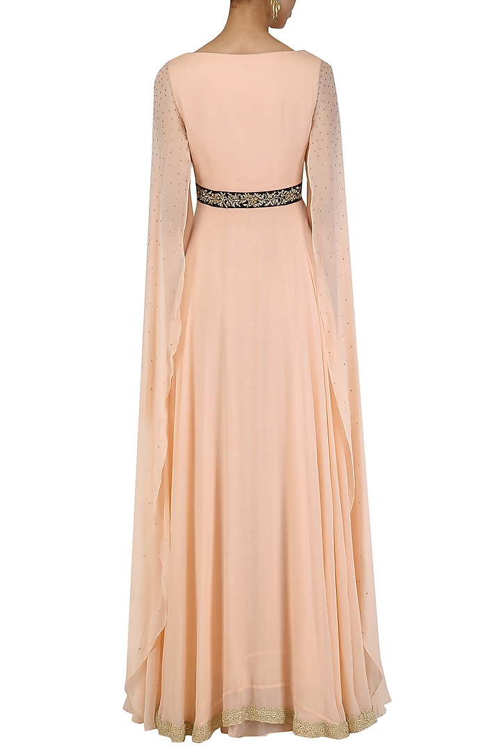 Peach embroidered cape sleeves gown available only at Pernia's Pop Up Shop.