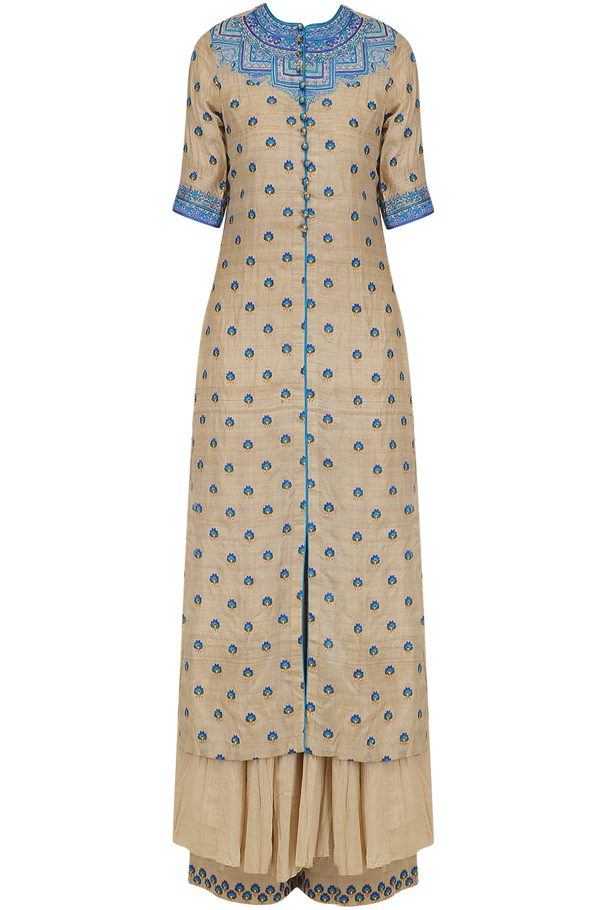 Beige thread work kurta and chanderi palazzo set available only at Pernia's Pop Up Shop.
