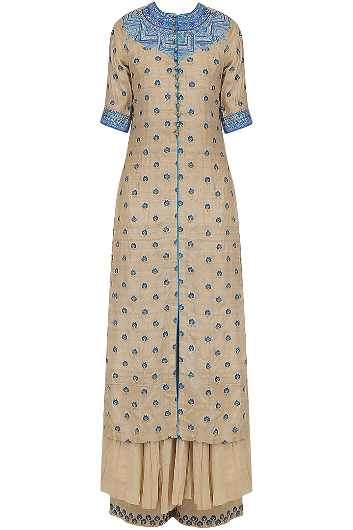 Beige thread work kurta and chanderi palazzo set available only at Pernia's Pop Up Shop.