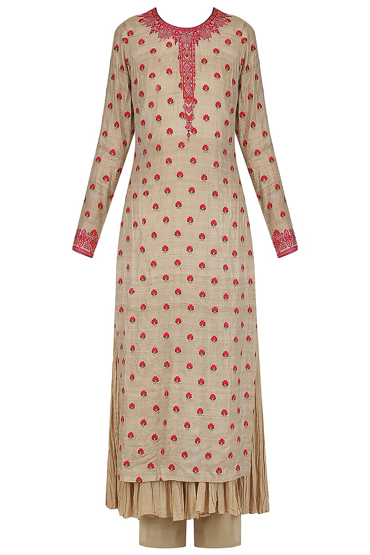 Beige and pink kurta with chanderi palazzo set available only at Pernia's Pop Up Shop.