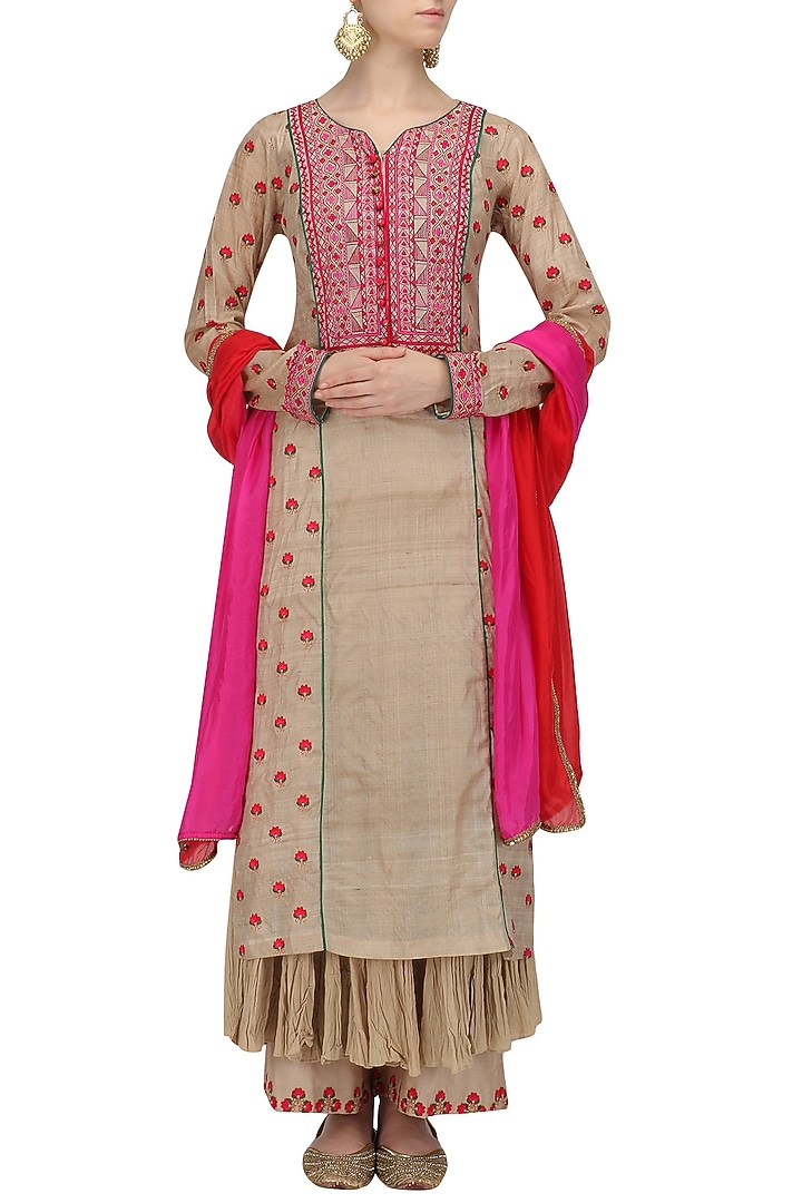 Beige thread work yoke kurta and palazzo set available only at Pernia's Pop Up Shop.