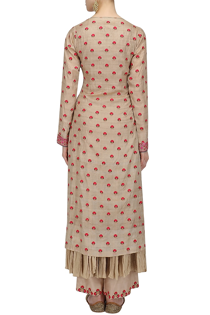 Beige thread work yoke kurta and palazzo set available only at Pernia's Pop Up Shop.