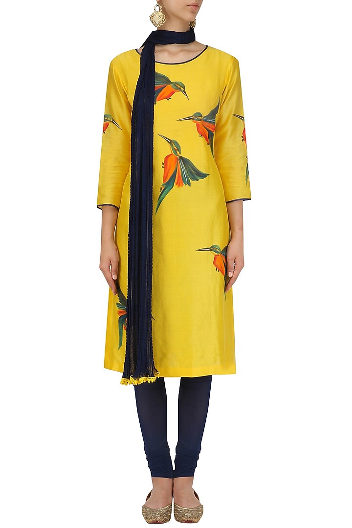 Yellow hand paint motif kurta and churidaar set available only at Pernia's Pop Up Shop.
