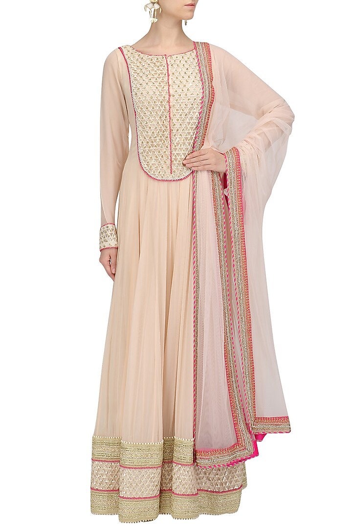 Peach embroidered anarkali and churidaar set available only at Pernia's Pop Up Shop.