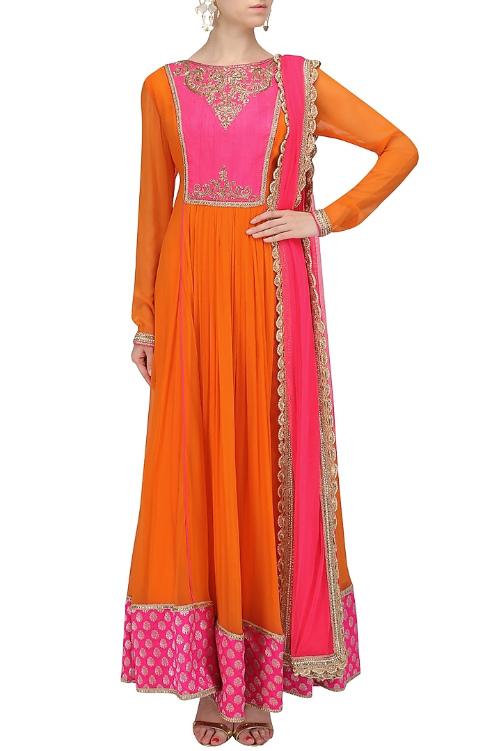 Orange embroidered yoke anarkali and churidaar set available only at Pernia's Pop Up Shop.