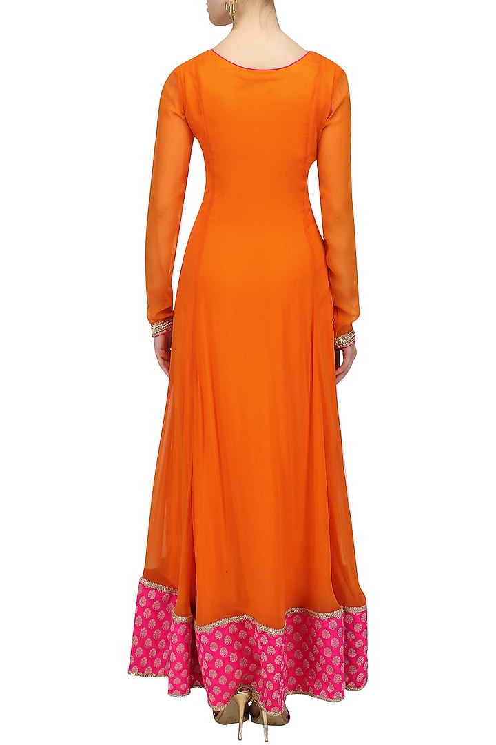 Orange embroidered yoke anarkali and churidaar set available only at Pernia's Pop Up Shop.