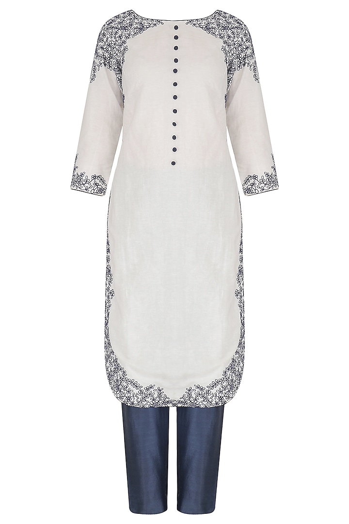 White Linen Dori Work Kurta and Trouser Set by Megha & Jigar