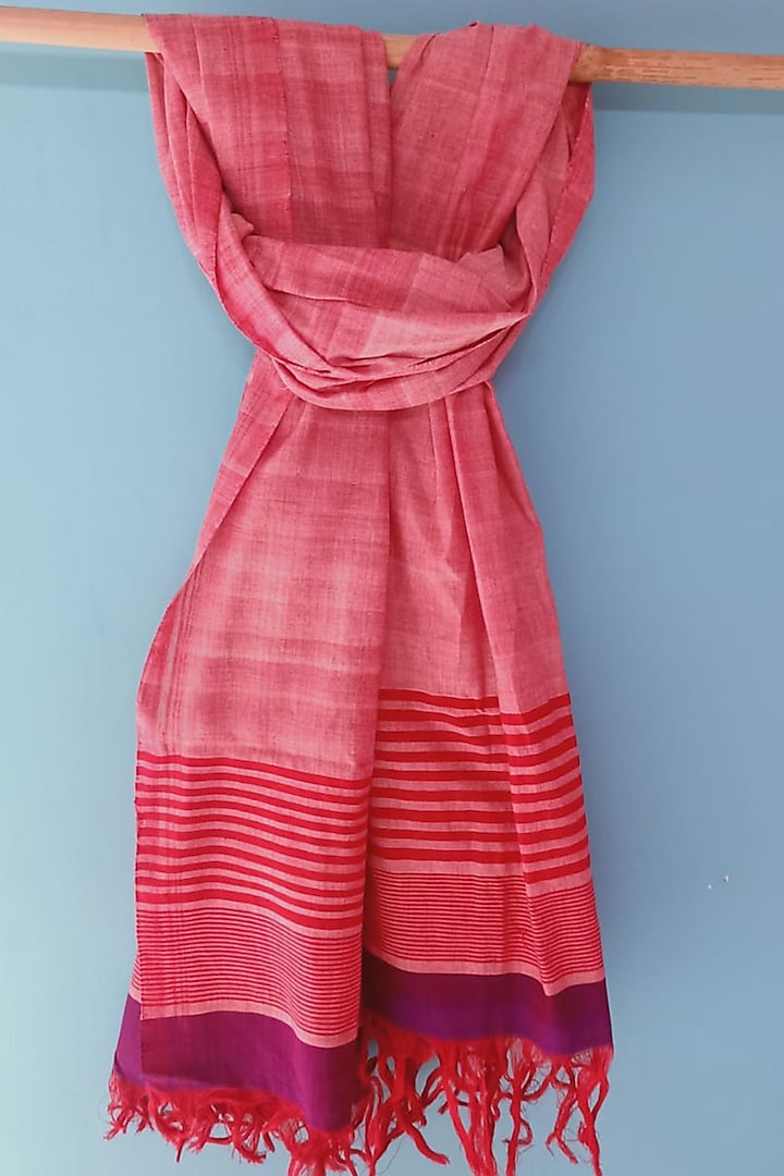 Red Striped Handwoven Dupatta by Manju Kalita Das