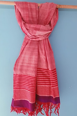 Red Striped Handwoven Dupatta by Manju Kalita Das