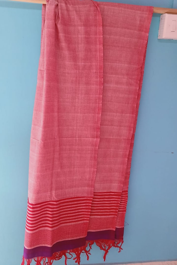 Red Striped Handwoven Dupatta by Manju Kalita Das at Pernia's Pop Up Shop