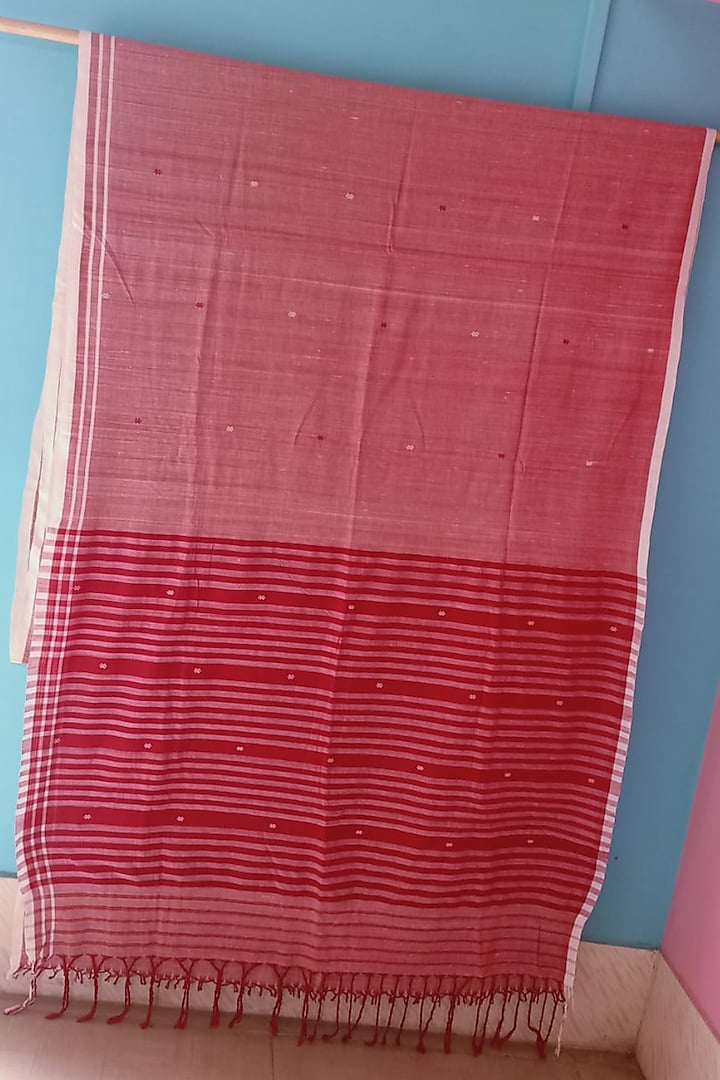Red Handwoven Cotton Saree by Manju Kalita Das
