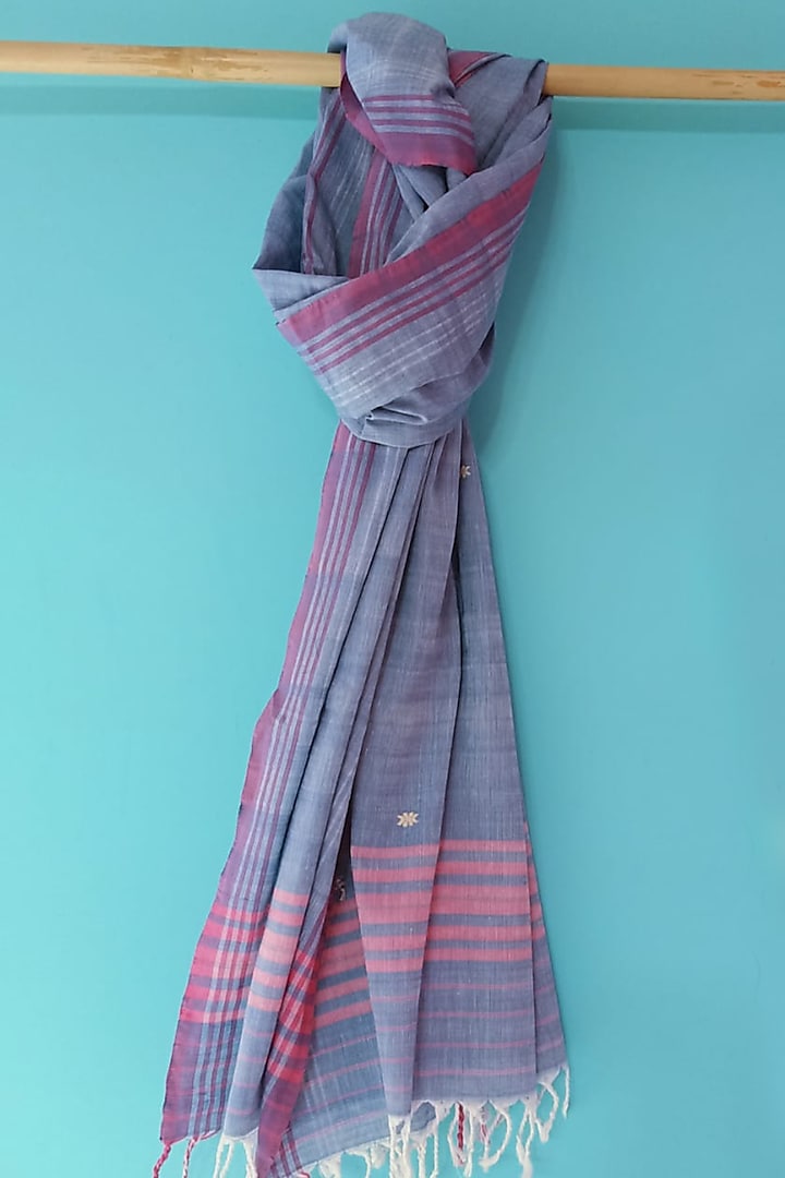 Blue Handwoven Cotton Stole by Manju Kalita Das