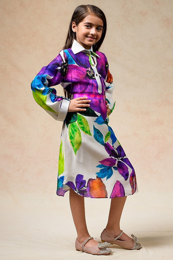 Multi-Colored Cupro Silk Floral Printed Shirt Dress For Girls by Thetaa Kids at Pernia's Pop Up Shop