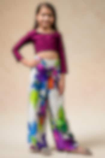 Multi-Colored Cupro Silk Floral Printed Pleated Pant Set For Girls by Thetaa Kids at Pernia's Pop Up Shop