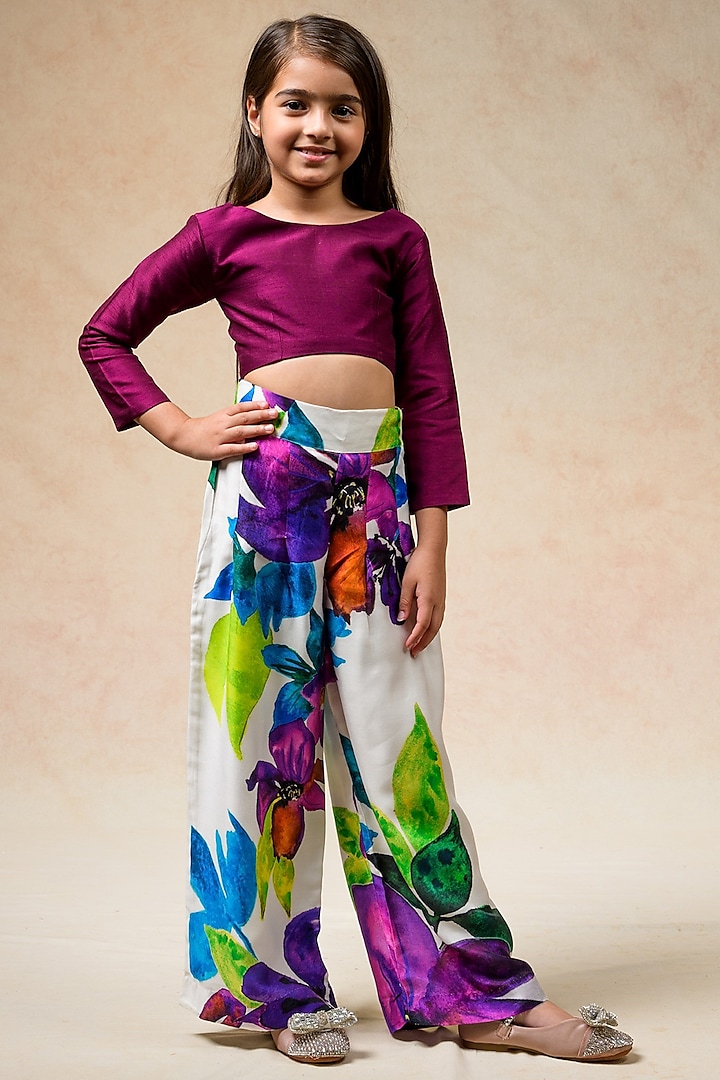 Multi-Colored Cupro Silk Floral Printed Pleated Pant Set For Girls by Thetaa Kids at Pernia's Pop Up Shop