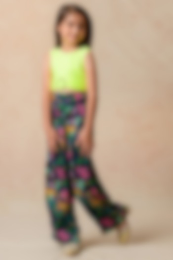 Navy Blue Cupro Satin Jungle Printed Pleated Pant Set For Girls by Thetaa Kids at Pernia's Pop Up Shop