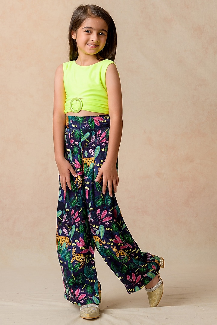 Navy Blue Cupro Satin Jungle Printed Pleated Pant Set For Girls by Thetaa Kids at Pernia's Pop Up Shop