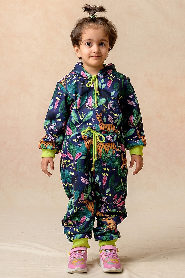 Navy Blue Scuba Jungle Printed Co-Ord Set For Girls by MKF Kids