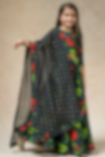 Bottle Green Cupro Silk Lily Printed Flared Lehenga Set For Girls by Thetaa Kids at Pernia's Pop Up Shop