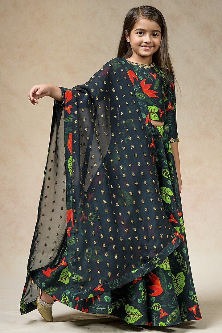 Bottle Green Cupro Silk Lily Printed Flared Lehenga Set For Girls by Thetaa Kids at Pernia's Pop Up Shop