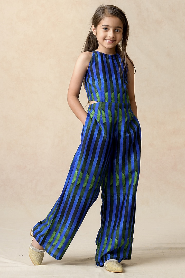 Blue & Green Cupro Silk Stripes Printed Halter-Neck Jumpsuit For Girls by MKF Kids