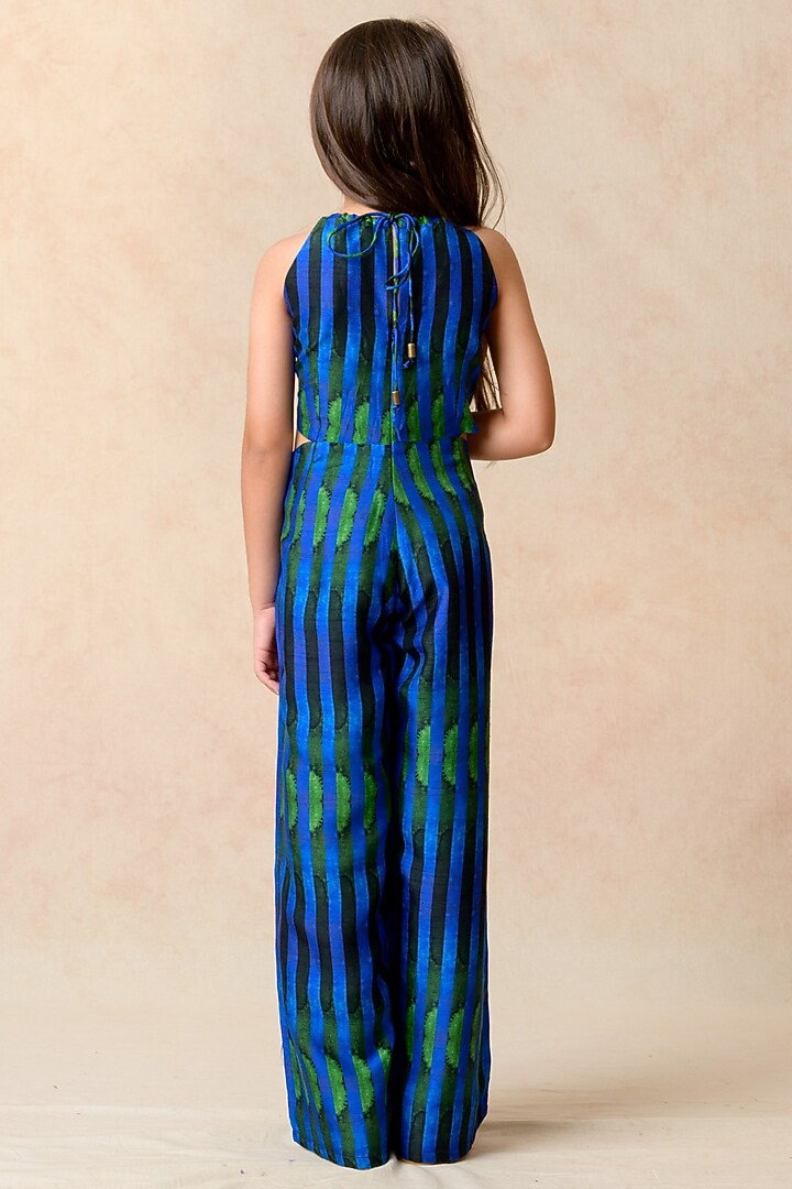 Blue & Green Cupro Silk Stripes Printed Halter-Neck Jumpsuit For Girls by Thetaa Kids at Pernia's Pop Up Shop