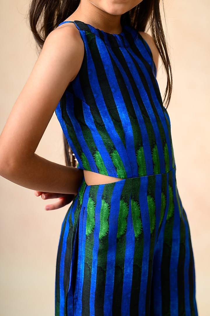 Blue & Green Cupro Silk Stripes Printed Halter-Neck Jumpsuit For Girls by Thetaa Kids at Pernia's Pop Up Shop