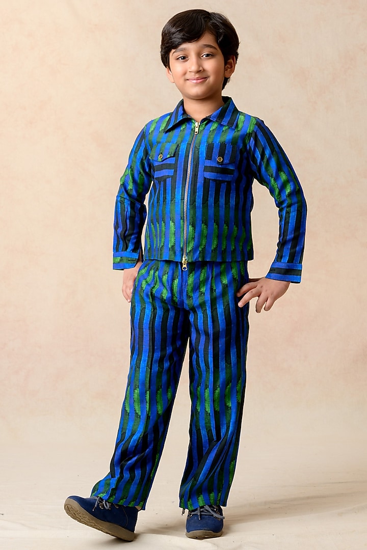 Blue & Green Cupro Silk Stripes Printed Co-Ord Set For Boys by MKF Kids
