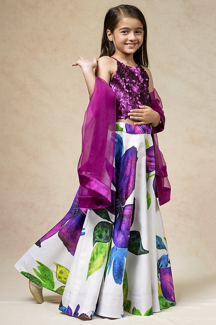 Multi-Colored Pure Silk Floral Printed Lehenga Set For Girls by Thetaa Kids at Pernia's Pop Up Shop