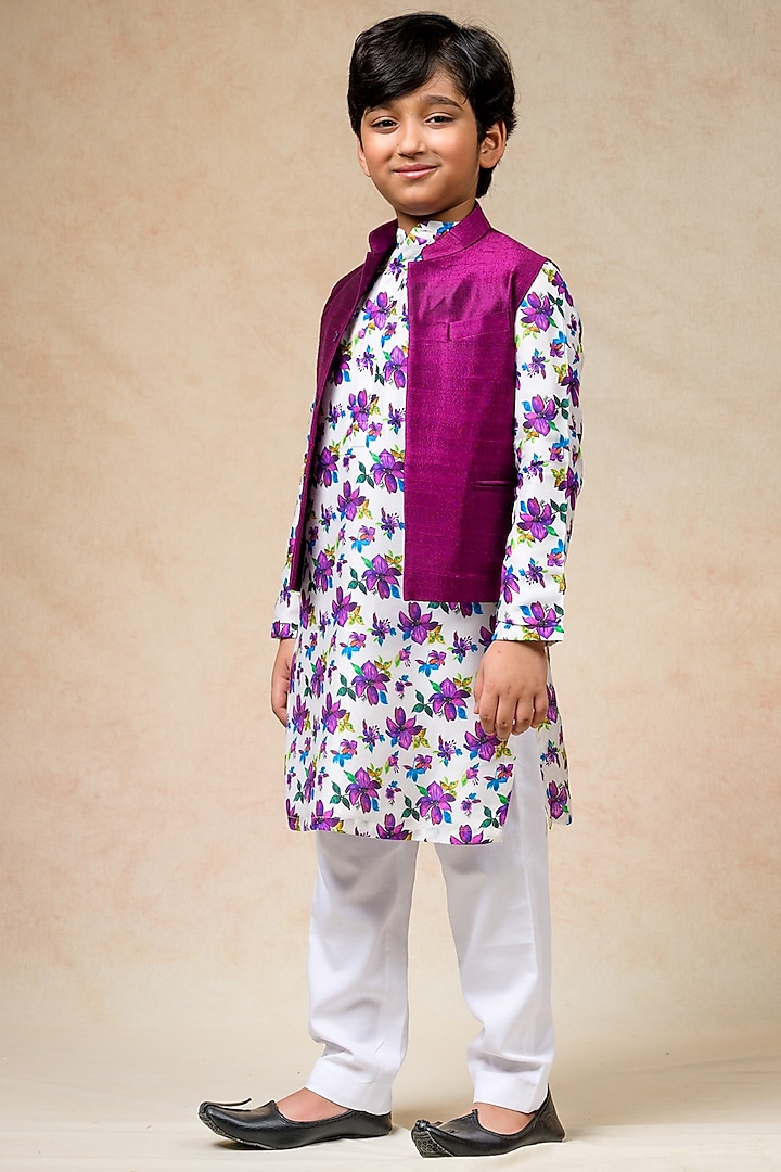 Magenta Pure Silk Nehru Jacket Set For Boys by Thetaa Kids