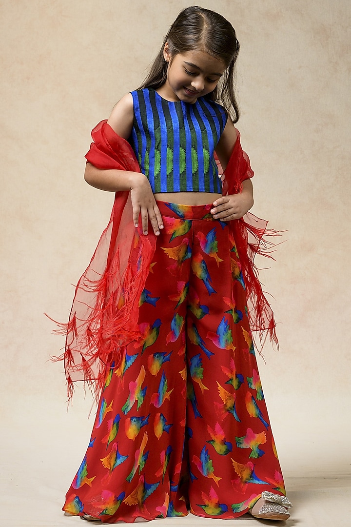 Red Cupro Georgette Birds Printed Sharara Set For Girls by Thetaa Kids at Pernia's Pop Up Shop