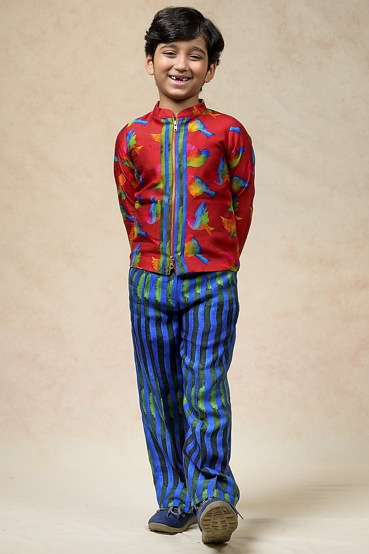 Blue & Green Cupro Silk Stripes Printed Pant Set For Boys by MKF Kids