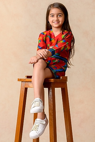 Red Cupro Silk Birds Printed Romper With Belt For Girls by Thetaa Kids