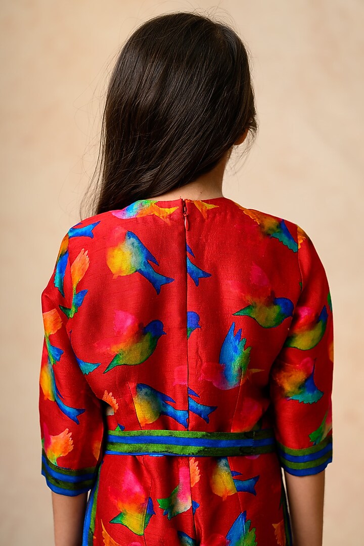 Red Cupro Silk Birds Printed Romper With Belt For Girls by Thetaa Kids at Pernia's Pop Up Shop