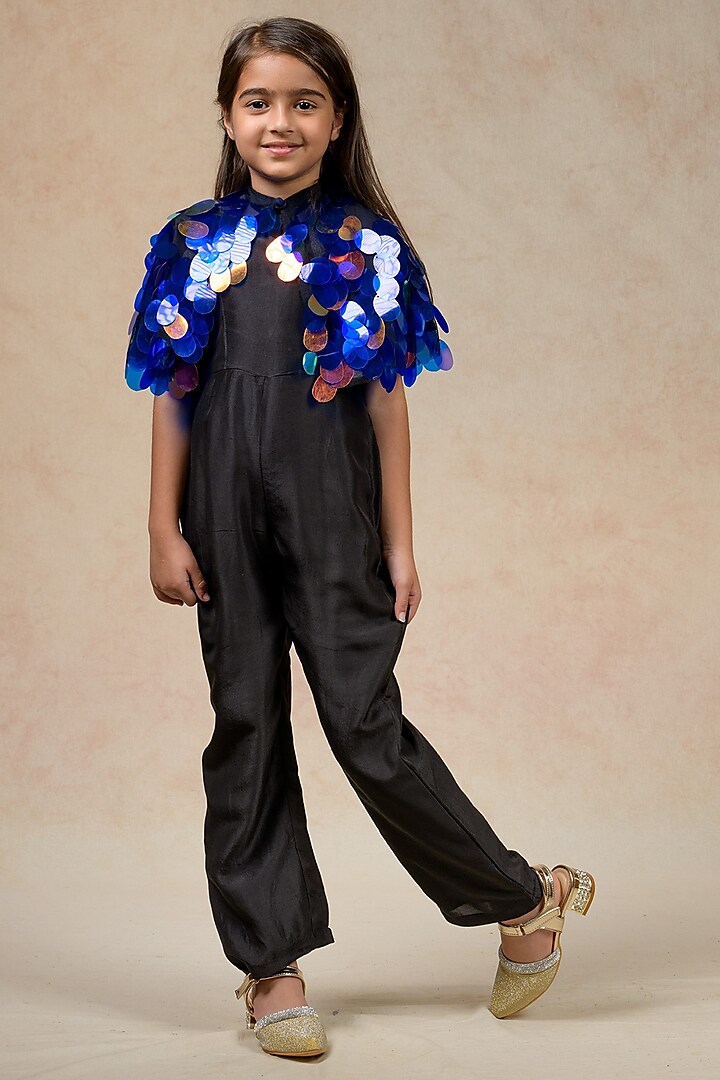 Black Pure Silk Jumpsuit With Cape For Girls by MKF Kids