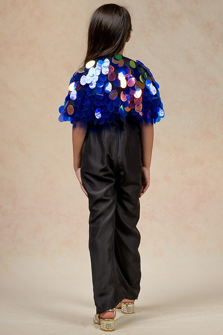 Black Pure Silk Jumpsuit With Cape For Girls by Thetaa Kids at Pernia's Pop Up Shop