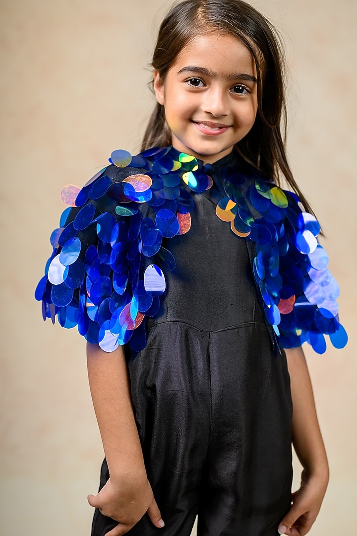 Black Pure Silk Jumpsuit With Cape For Girls by Thetaa Kids at Pernia's Pop Up Shop
