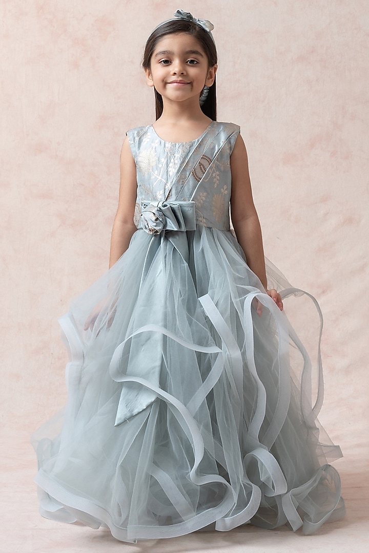 Grey Brocade Silk Ruffled Gown For Girls by Thetaa Kids at Pernia's Pop Up Shop