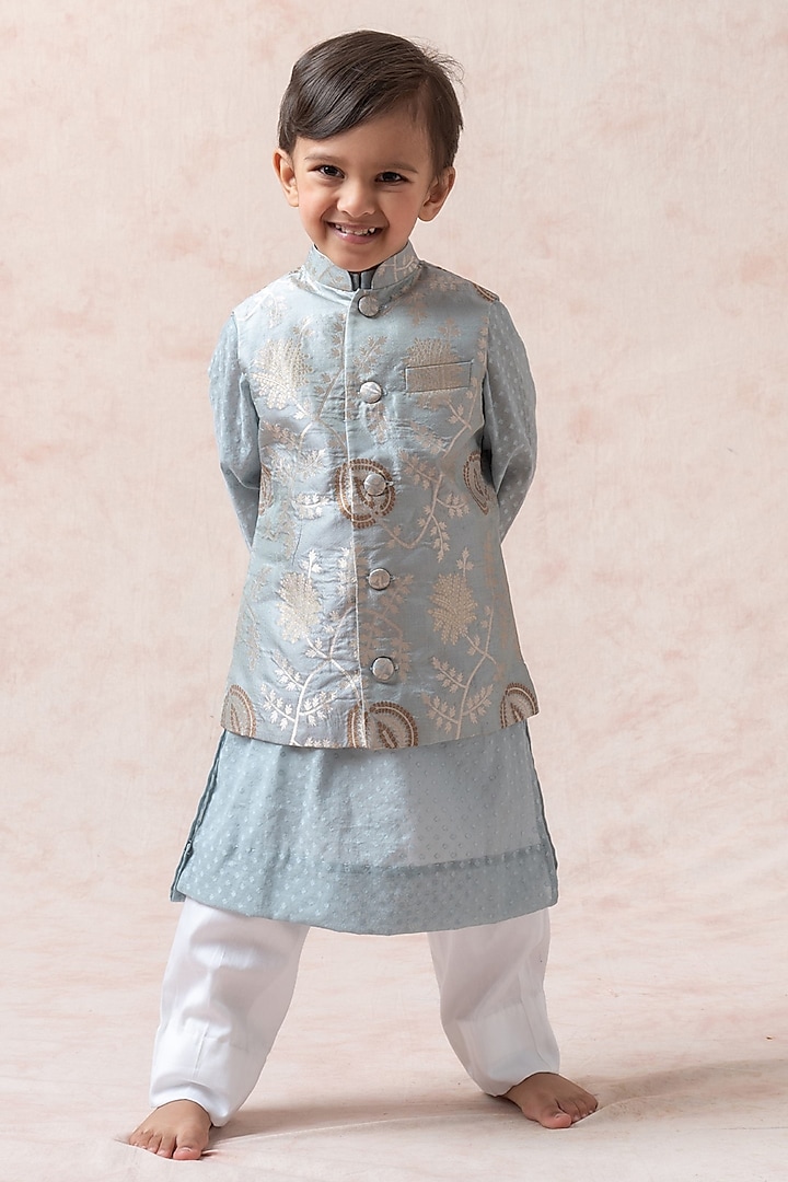 Grey Brocade Silk Nehru Jacket Set For Boys by MKF Kids
