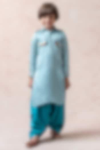 Sky Blue Dupion Silk Pathani Kurta Set For Boys by Thetaa Kids