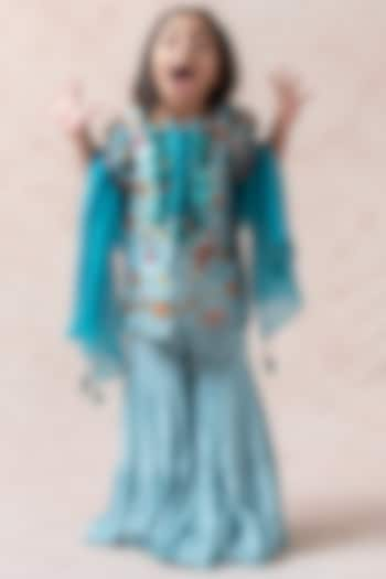 Sky Blue Viscose Tiered Gharara Set For Girls by Thetaa Kids