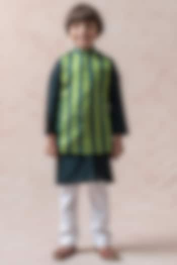 Bottle Green Tanchoi Silk Nehru Jacket Set For Boys by Thetaa Kids