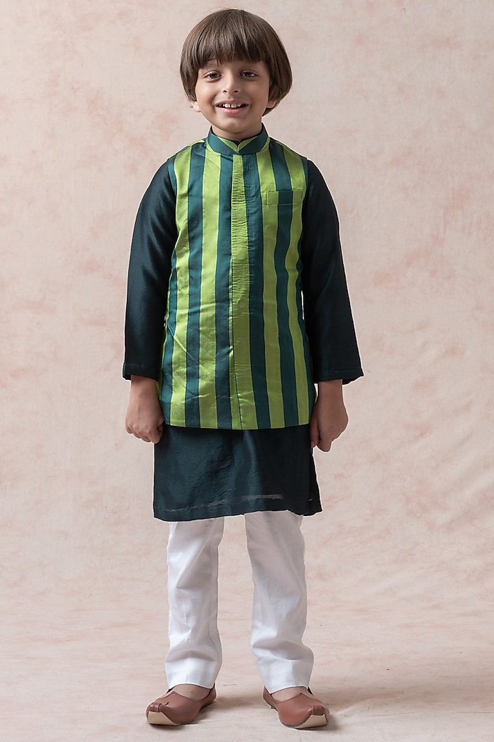 Bottle Green Tanchoi Silk Nehru Jacket Set For Boys by Thetaa Kids