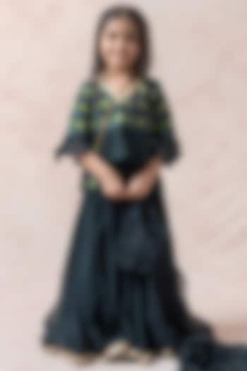 Bottle Green Tanchoi Silk Lehenga Set For Girls by Thetaa Kids at Pernia's Pop Up Shop