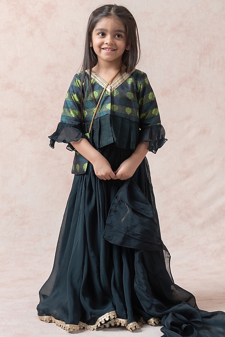 Bottle Green Tanchoi Silk Lehenga Set For Girls by Thetaa Kids at Pernia's Pop Up Shop