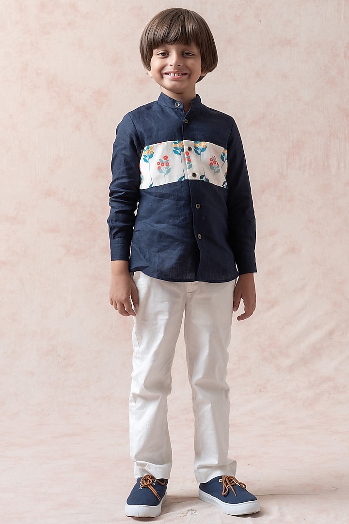 Navy Blue Pure Linen Floral Printed Shirt For Boys by Thetaa Kids at Pernia's Pop Up Shop