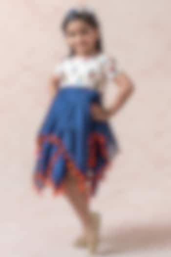 Navy Blue Chanderi Silk Floral Printed Layered Dress For Girls by Thetaa Kids at Pernia's Pop Up Shop