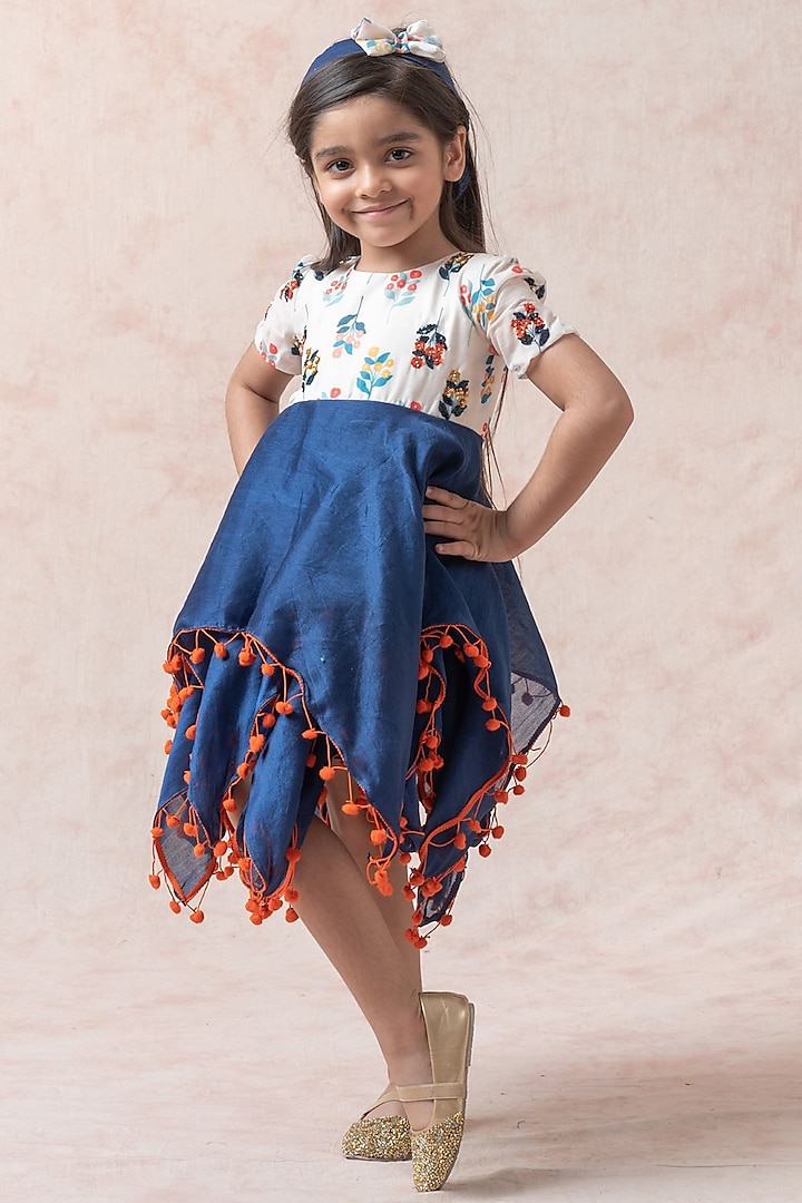 Navy Blue Chanderi Silk Floral Printed Layered Dress For Girls by Thetaa Kids at Pernia's Pop Up Shop