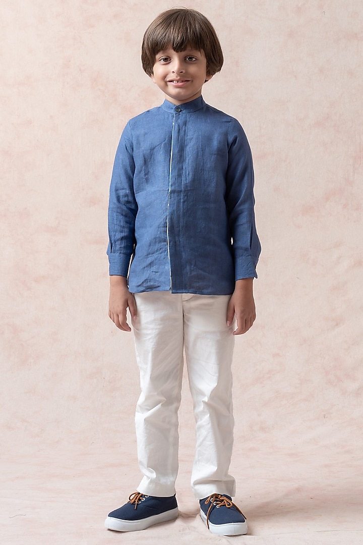 Grey Blue Pure Linen Shirt For Boys by Thetaa Kids